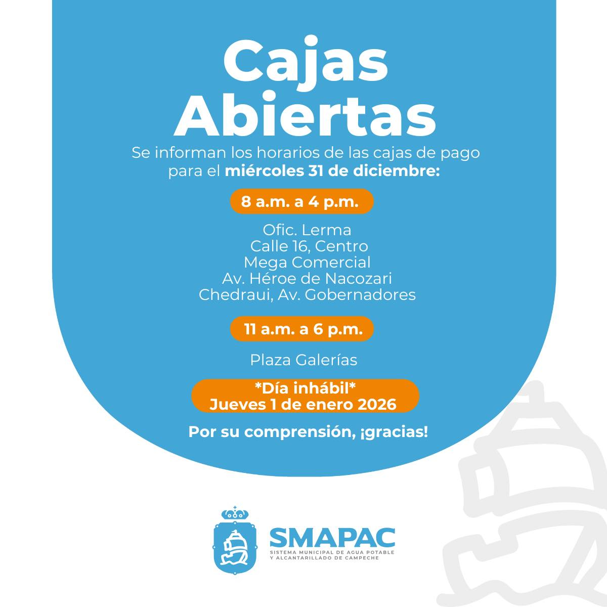 SMAPAC mantendrá cajas abiertas el 31 de diciembre con horarios especiales.
