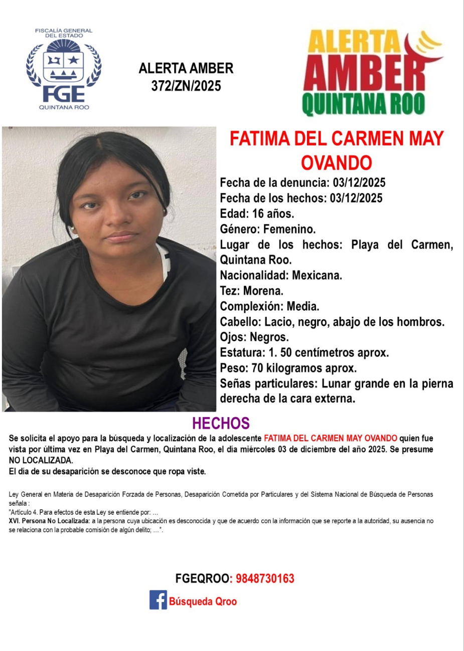 La FGE emitió la  ficha de búsqueda  de Fátima del  Carmen, vista por  última vez el pasado  3 de diciembre