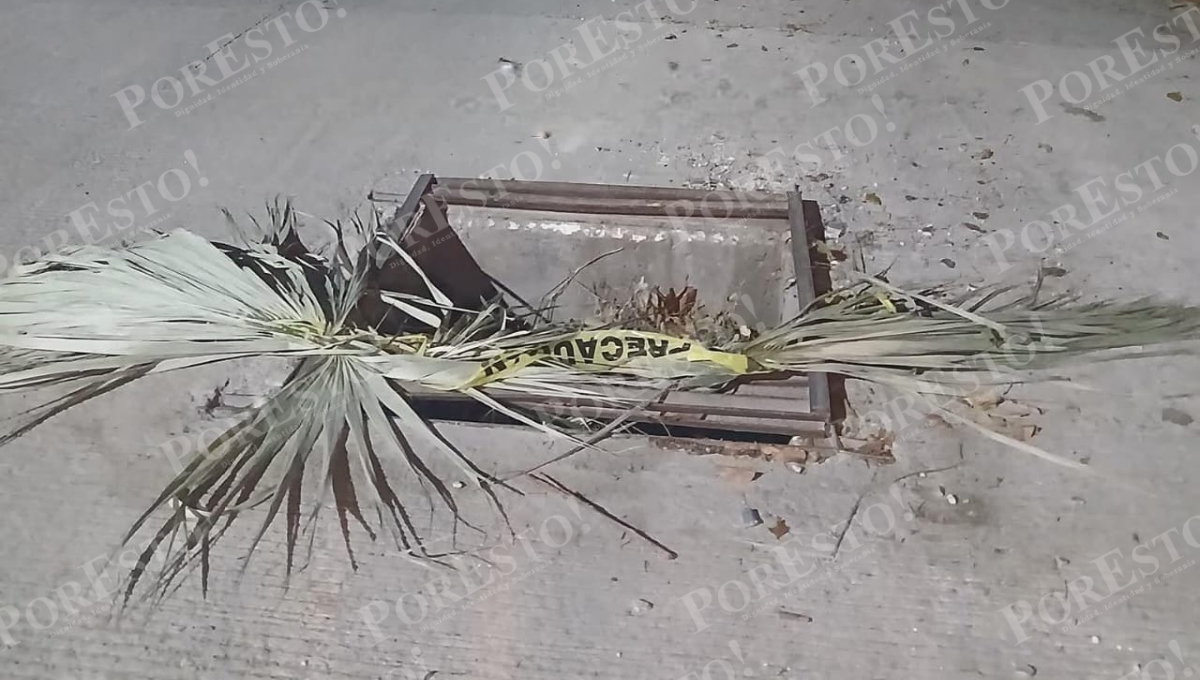 Una rejilla pluvial expuesta en la colonia Guadalupe mantiene en riesgo constante a conductores y ciclistas en Champotón.