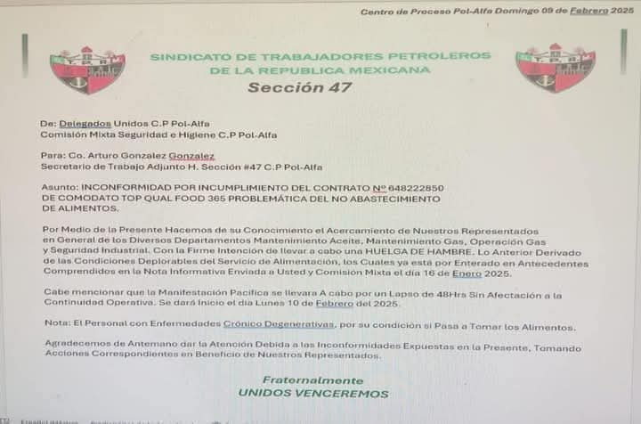 Petroleros denuncian corrupción en Pemex y exigen alimentación digna Petroleros denuncian corrupción en Pemex y exigen alimentación digna