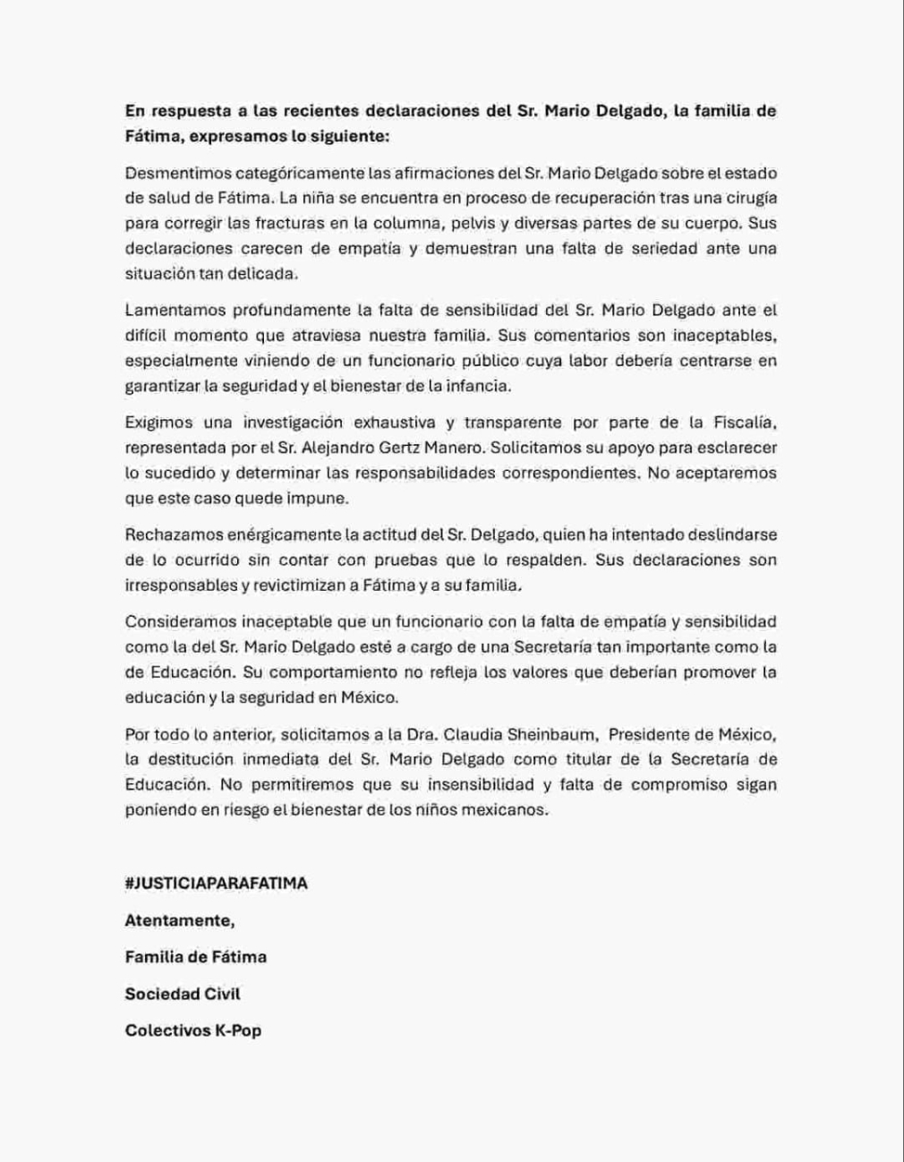Carta familia de Fátima Carta familia de Fátima