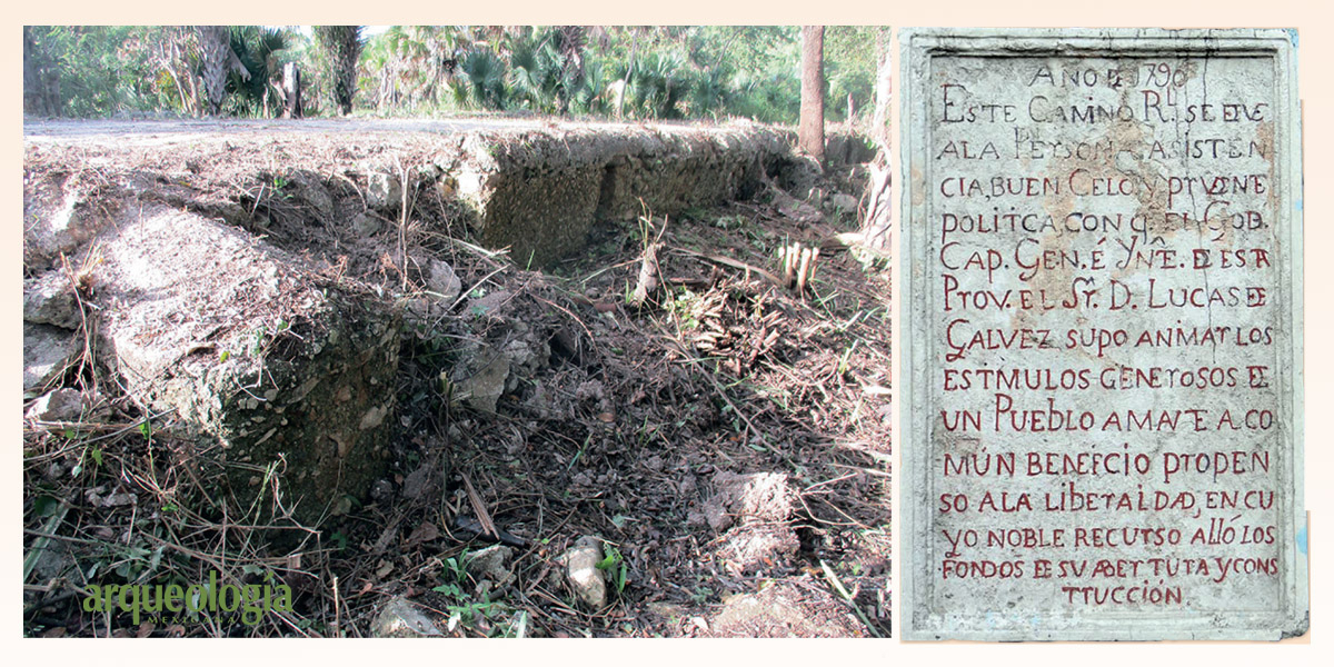 Contrafuerte y alcantarilla junto al pretil oriente del camino real, a pocos metros del puente de Hampolol. Placa pétrea de 1790 Contrafuerte y alcantarilla junto al pretil oriente del camino real, a pocos metros del puente de Hampolol. Placa pétrea de 1790
