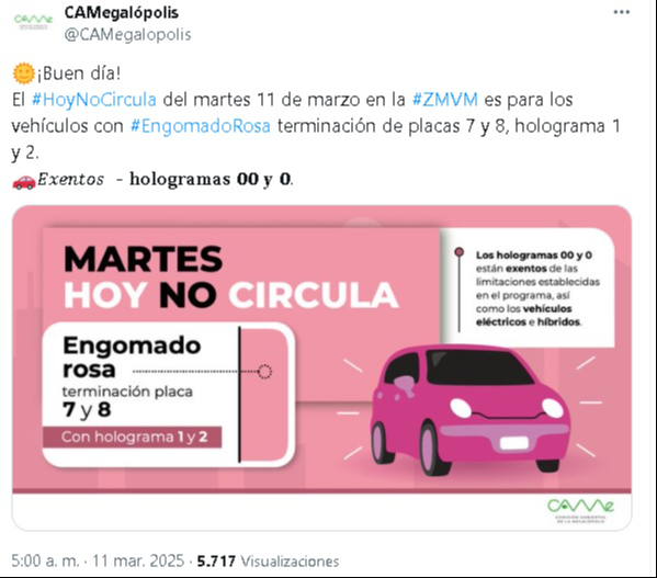 Te compartimos la información de los autos que no circulan este martes 11 de marzo Te compartimos la información de los autos que no circulan este martes 11 de marzo