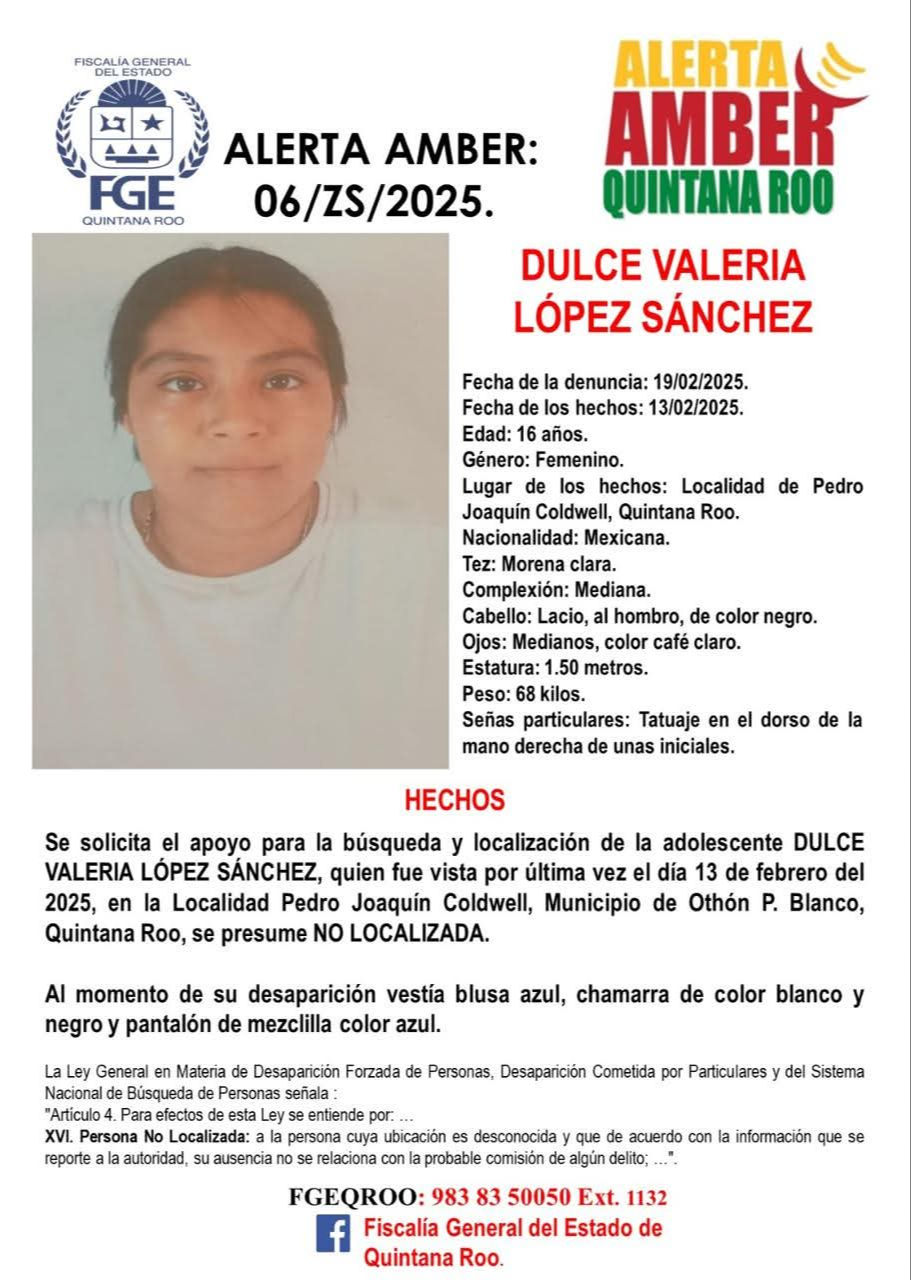 Dulce Valeria López Sánchez también fue recién reportada como desaparecida. Dulce Valeria López Sánchez también fue recién reportada como desaparecida.