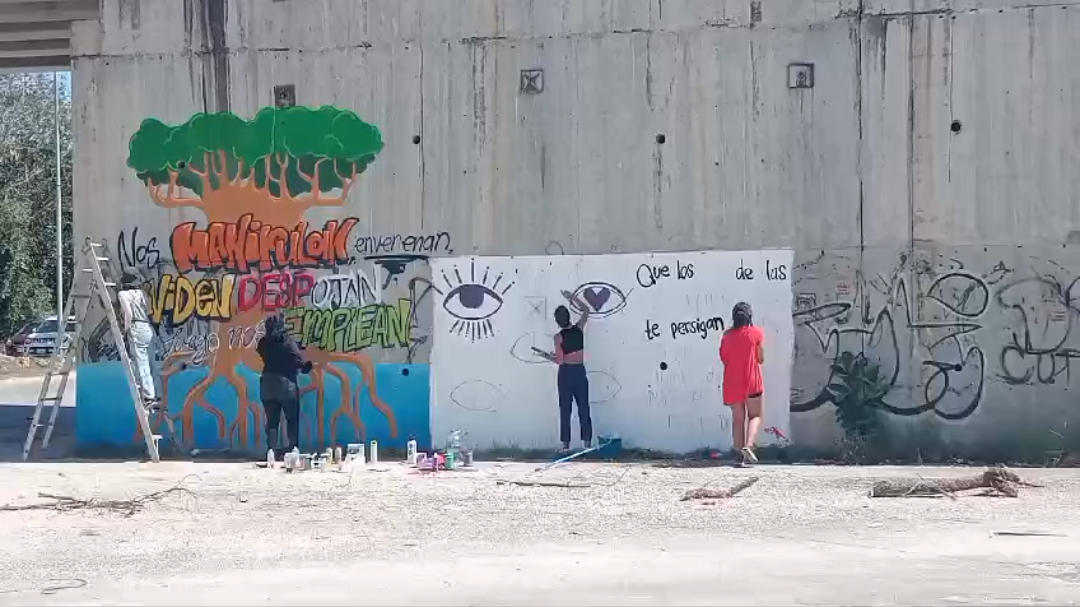 Un grupo de manifestantes realiza pintas bajo un puente en Playa del Carmen Un grupo de manifestantes realiza pintas bajo un puente en Playa del Carmen