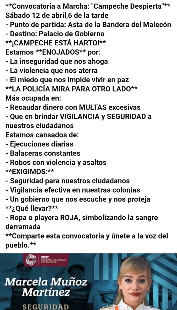 En redes sociales convocan a marcha para destituir a Marcela ante inseguridad en Campeche En redes sociales convocan a marcha para destituir a Marcela ante inseguridad en Campeche