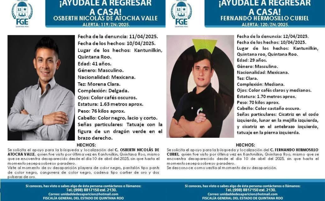 Las fichas de búsqueda de Osberth Nicolás de Atocha y Fernando Hermosillo se difundieron en grupos de Q. Roo y Yucatán Las fichas de búsqueda de Osberth Nicolás de Atocha y Fernando Hermosillo se difundieron en grupos de Q. Roo y Yucatán