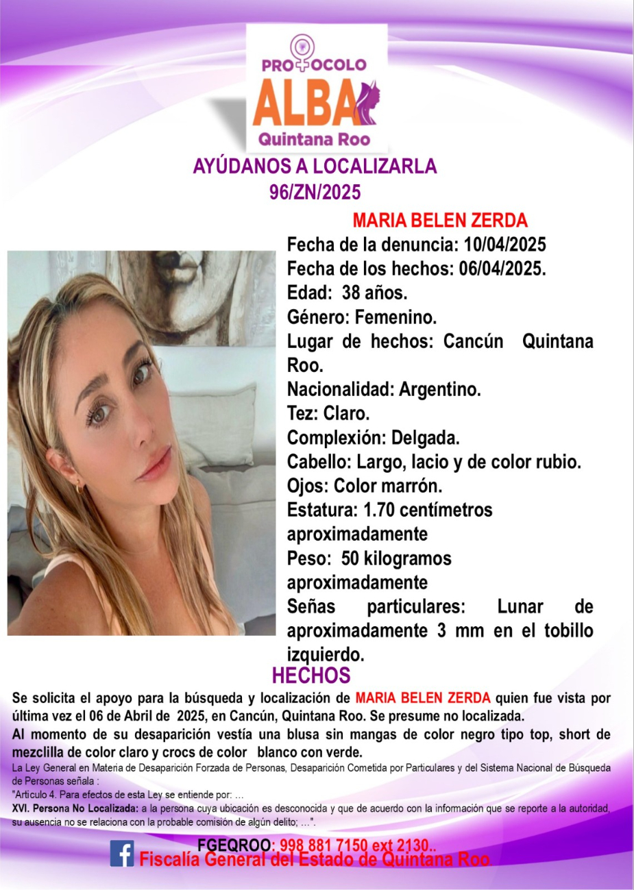 La FGE activó el Protocolo Alba para la búsqueda de una mujer argentina.