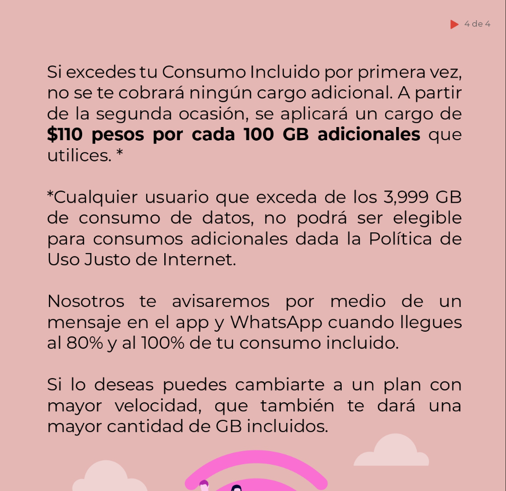 Totalplay informó que aplicará un cargo de $110 pesos por cada 100 GB adicionales y limitará el consumo tras superar los 3,999 GB, según su política de uso justo Totalplay informó que aplicará un cargo de $110 pesos por cada 100 GB adicionales y limitará el consumo tras superar los 3,999 GB, según su política de uso justo