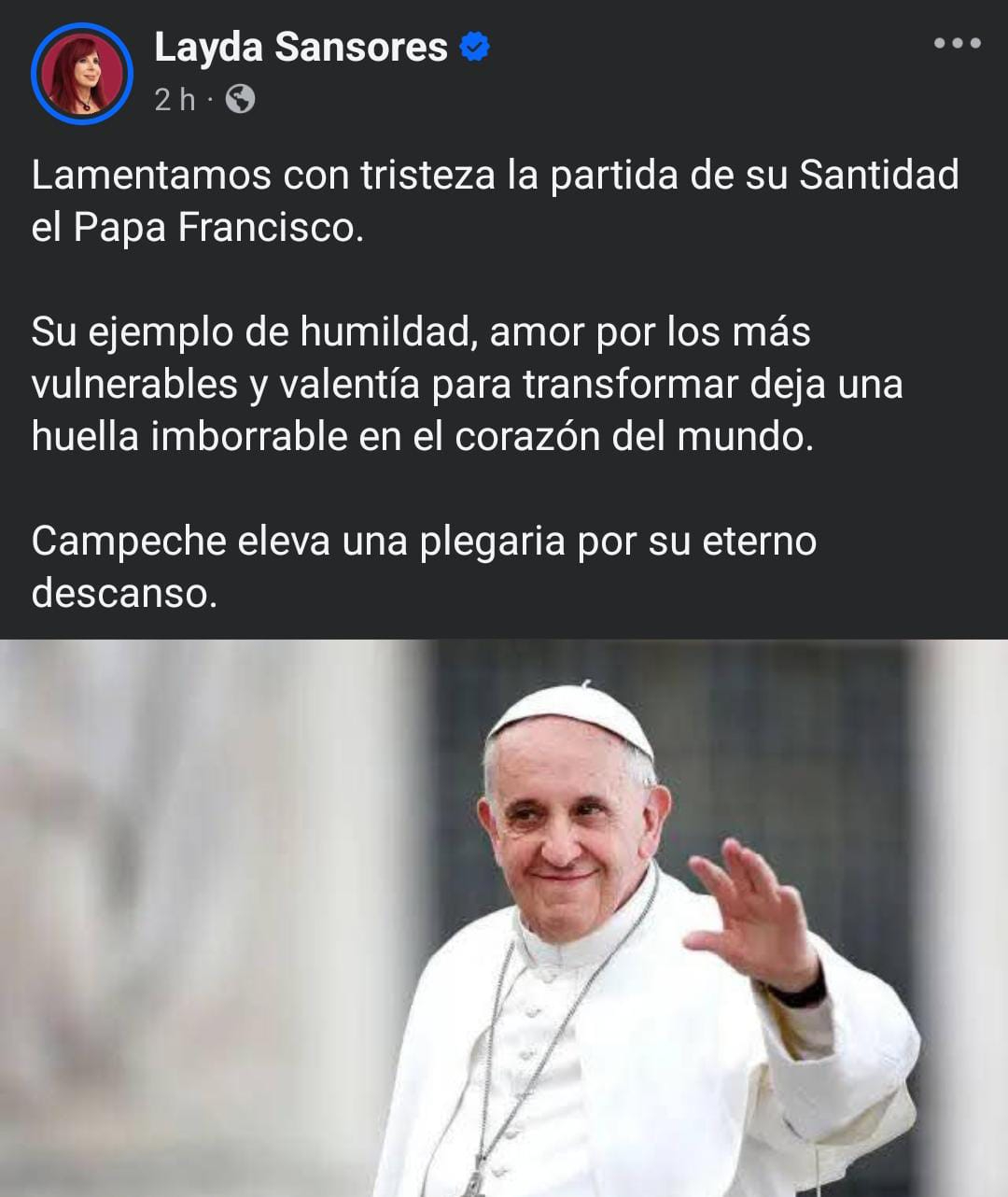 Gobernadora de Campeche lamenta fallecimiento del Papa Francisco Gobernadora de Campeche lamenta fallecimiento del Papa Francisco