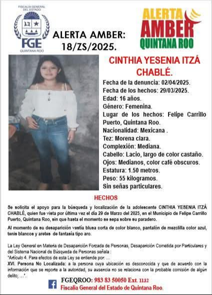 Activan alerta Amber por desaparición de menor Activan alerta Amber por desaparición de menor