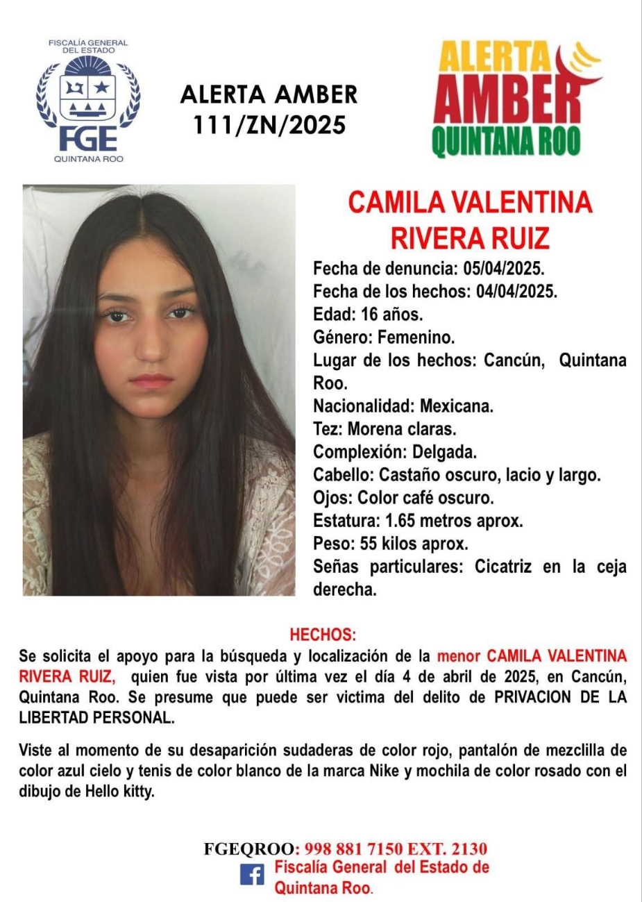 Camila Valentina Rivera Ruíz fue posible víctima de la Privación de la Libertad Personal en Cancún. Camila Valentina Rivera Ruíz fue posible víctima de la Privación de la Libertad Personal en Cancún.