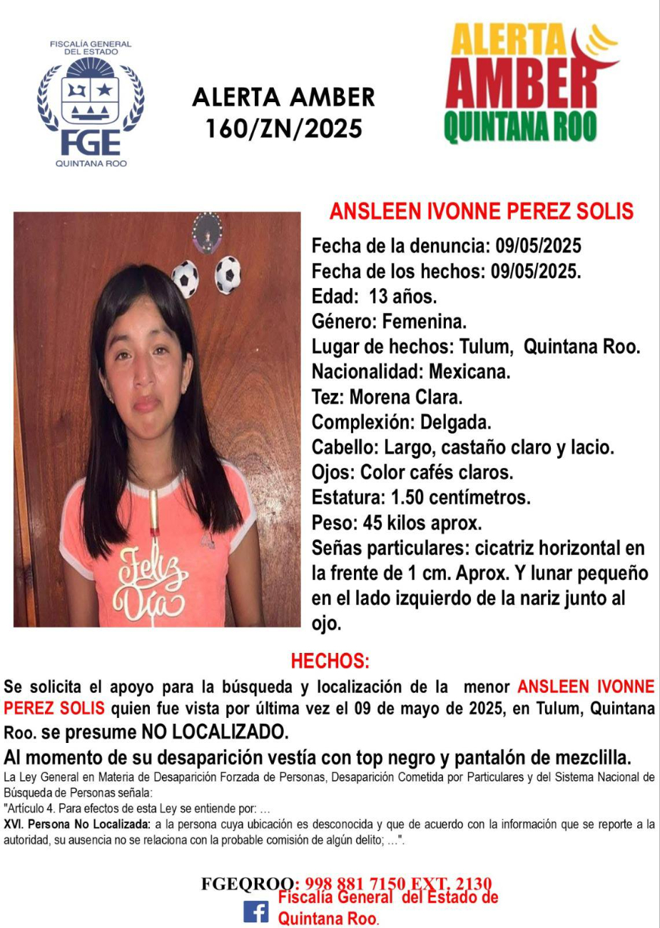Ansleen Ivonne Pérez, menor de 13 años desaparecida en  Tulum, fue localizada con vida