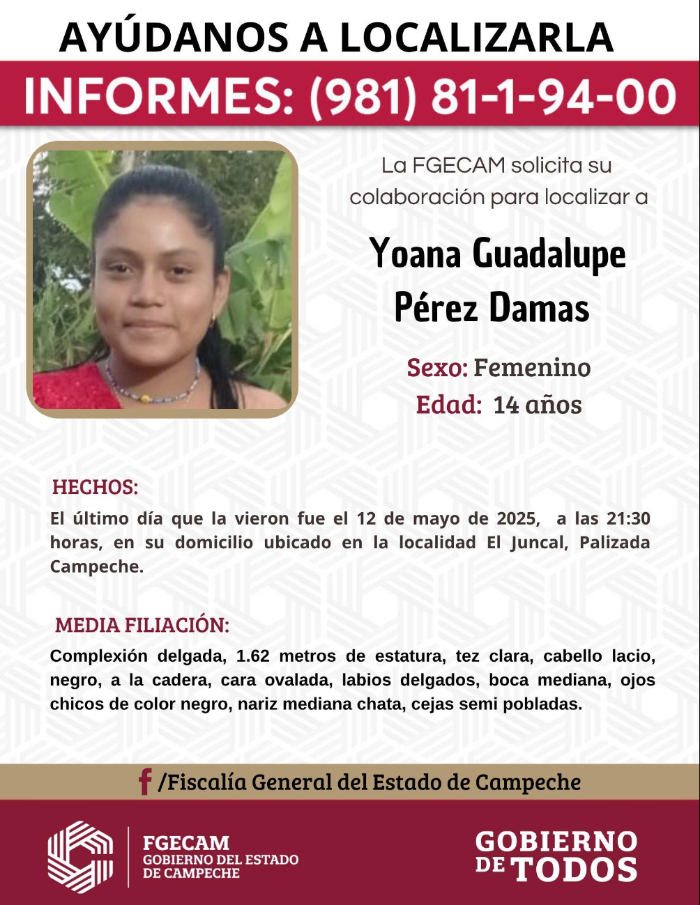 Desaparece menor de 14 años en Palizada; piden ayuda para localizarla