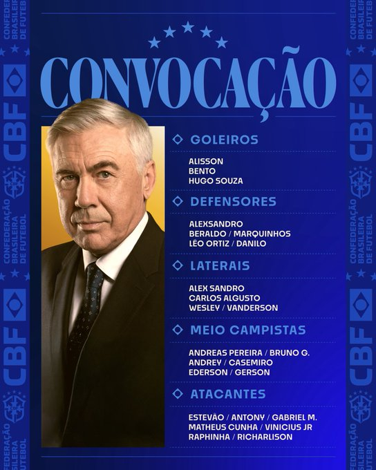 La primera convocatoria de Brasil con Ancelotti al mando. La primera convocatoria de Brasil con Ancelotti al mando.