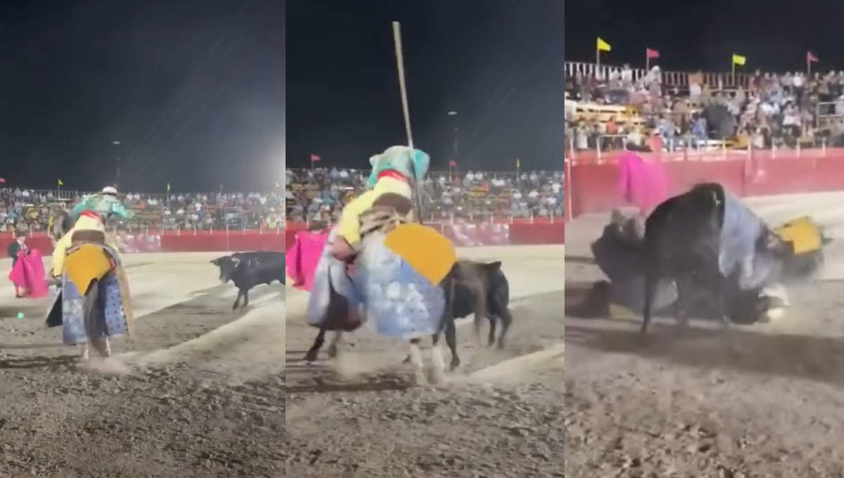 Toro embiste a caballo y picador durante corrida de toros en Escárcega