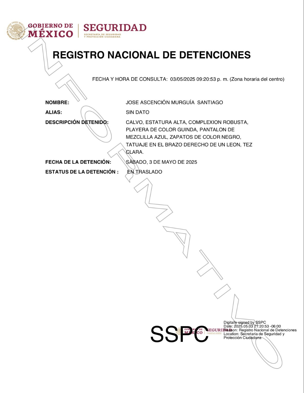 La ficha de Murguía Santiago en el Registro Nacional de Detenciones. La ficha de Murguía Santiago en el Registro Nacional de Detenciones.