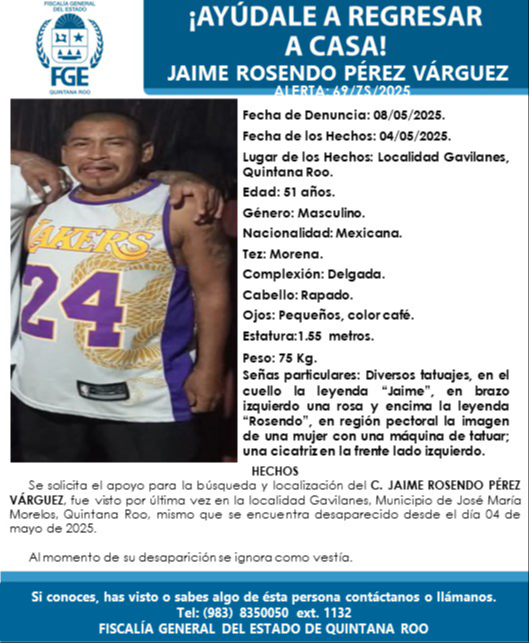 Activan ficha de búsqueda de Jaime Rosendo, secuestrado en el poblado Gavilanes de José María Morelos