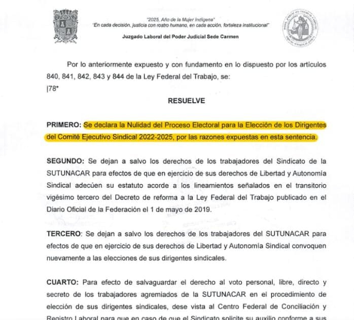 La resolución invalida la reelección de José Ramón Magaña Martínez como secretario general del sindicato. La resolución invalida la reelección de José Ramón Magaña Martínez como secretario general del sindicato.