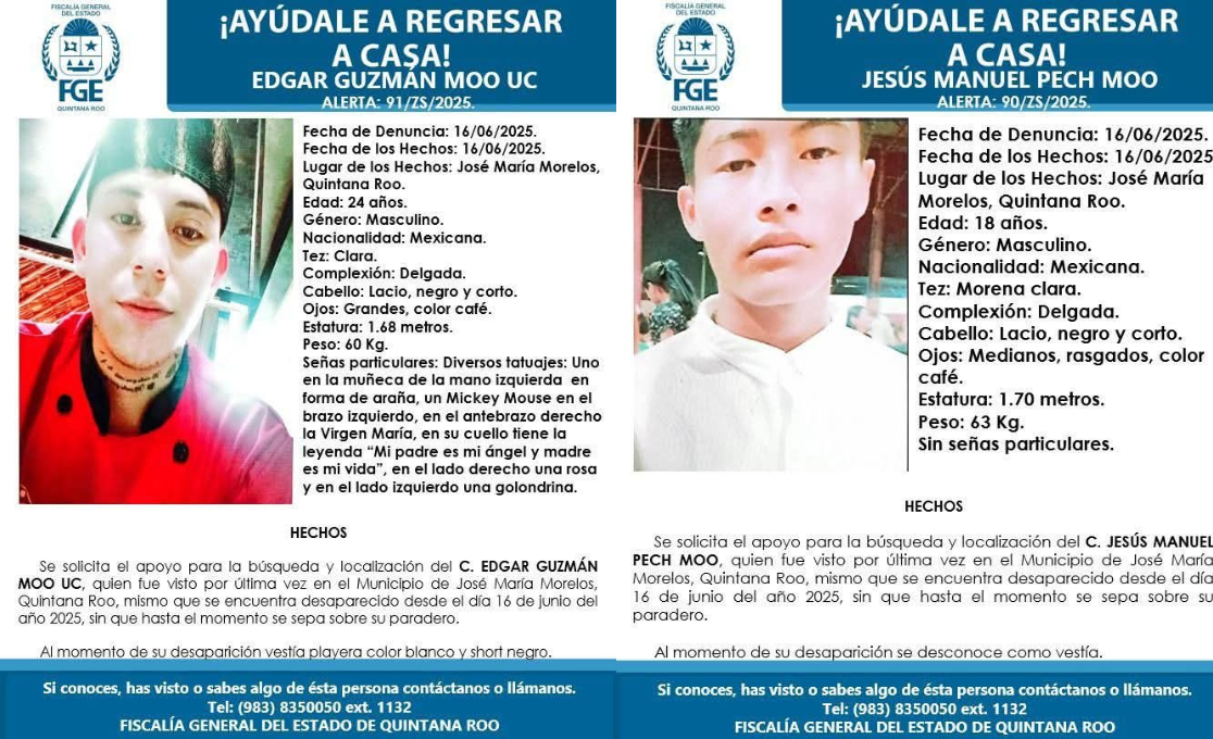 Los jóvenes fueron identificados como Jesús Manuel Pech Moo, de 18 años y Edgar Guzmán Moo Uc de 24