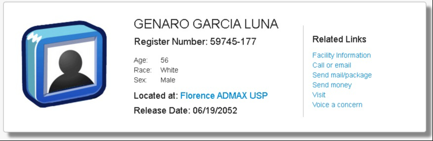 El Buró Federal de Prisiones de Estados Unidos, ya registra a Genaro García Luna en el Complejo Correccional Federal de Florence, en Colorado El Buró Federal de Prisiones de Estados Unidos, ya registra a Genaro García Luna en el Complejo Correccional Federal de Florence, en Colorado