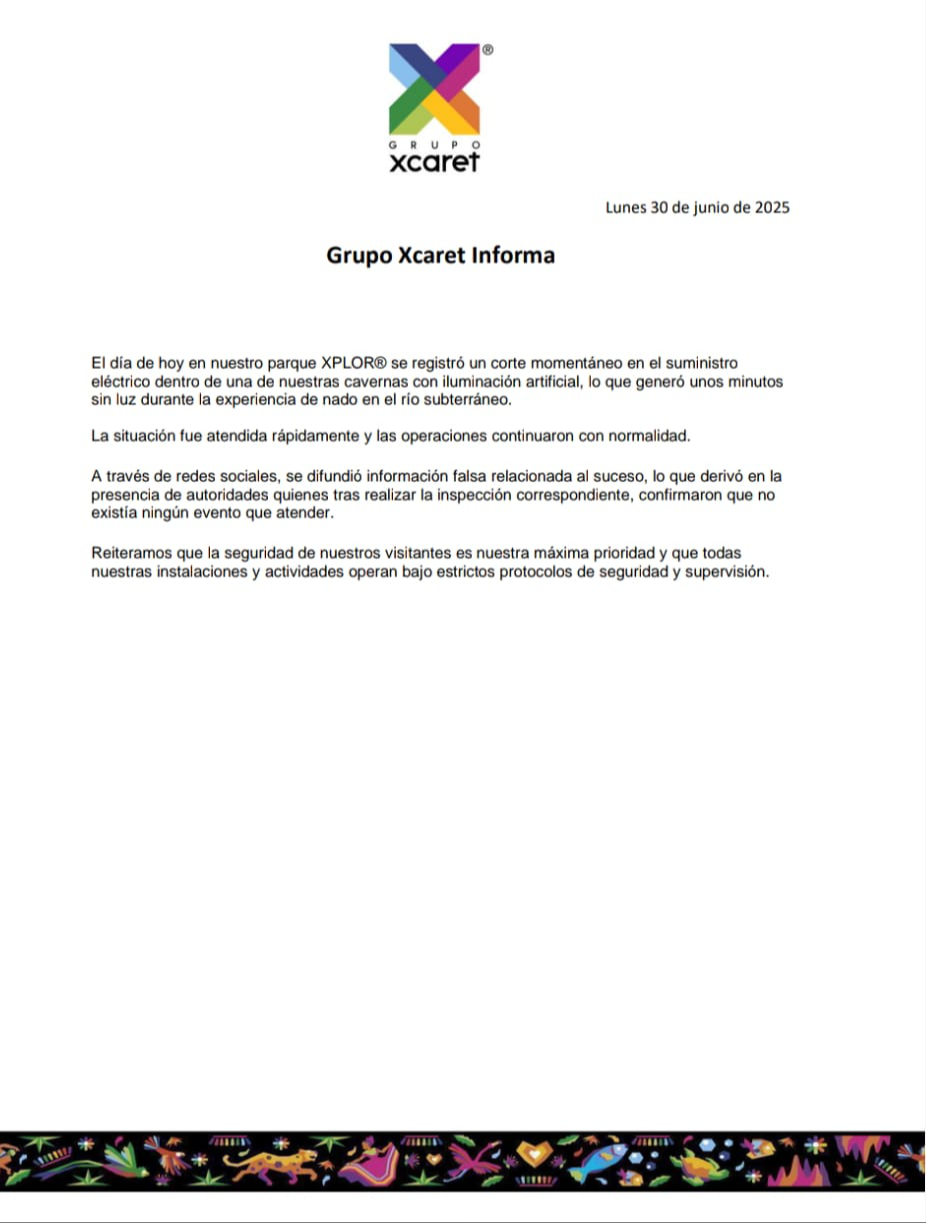 Grupo Xcaret informó por medio de redes sociales sobre el incidente