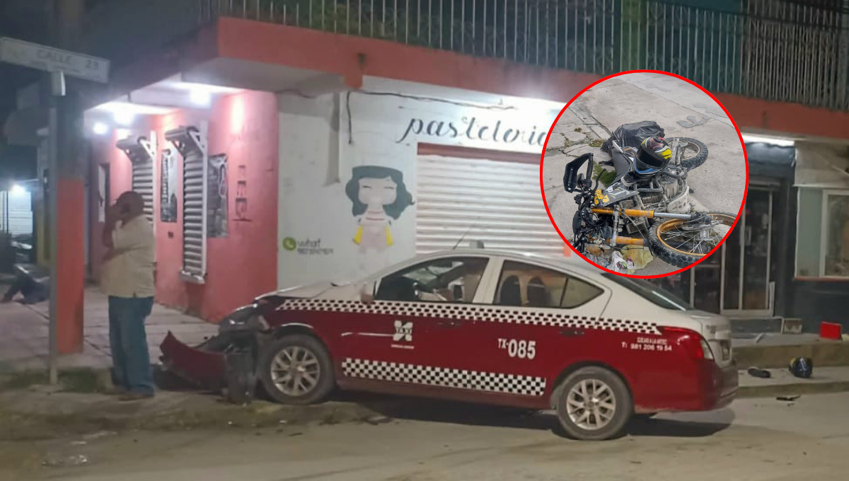 Motociclista se salva de milagro tras brutal choque con un taxi en Candelaria, Campeche