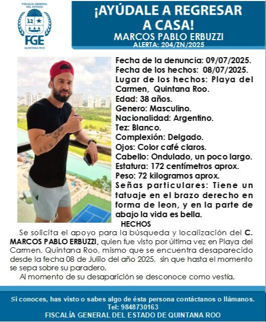 Marcos Erbuzzi desapareció el 8 de julio; sufre una condición médica grave que compromete su salud. Marcos Erbuzzi desapareció el 8 de julio; sufre una condición médica grave que compromete su salud.
