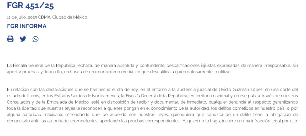 La FGR emitió un comunicado en respuesta a las declaraciones del abogado de Ovidio Guzmán López La FGR emitió un comunicado en respuesta a las declaraciones del abogado de Ovidio Guzmán López