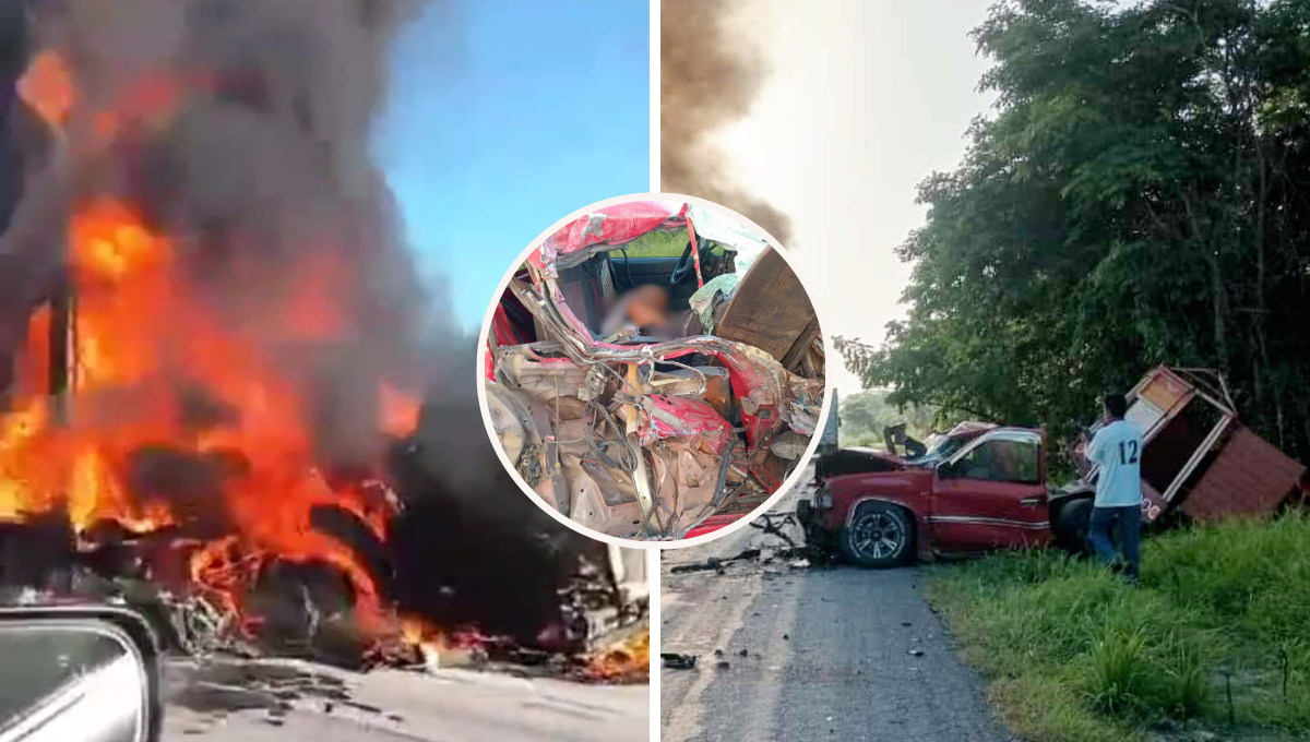 Pipa se incendia tras fuerte choque con camioneta en la Escárcega-Villahermosa