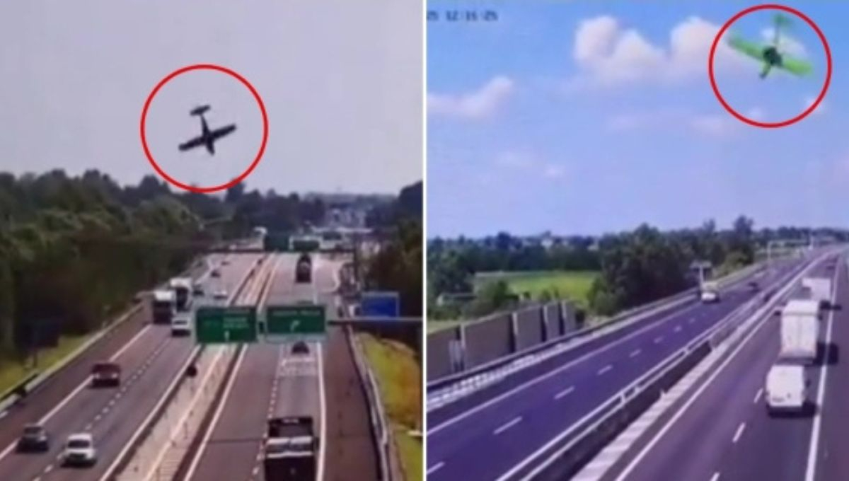 Una cámara de seguridad instalada en la autopista captó el momento exacto en que la avioneta descendió de forma abrupta y se estrelló contra el pavimento Una cámara de seguridad instalada en la autopista captó el momento exacto en que la avioneta descendió de forma abrupta y se estrelló contra el pavimento