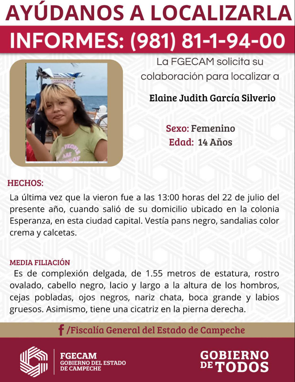 Elaine fue vista por última vez el 22 de julio en la colonia Esperanza. Elaine fue vista por última vez el 22 de julio en la colonia Esperanza.