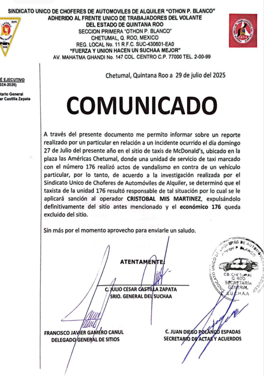 Autoridades del SUCHAA dieron a conocer la expulsión del taxista Autoridades del SUCHAA dieron a conocer la expulsión del taxista