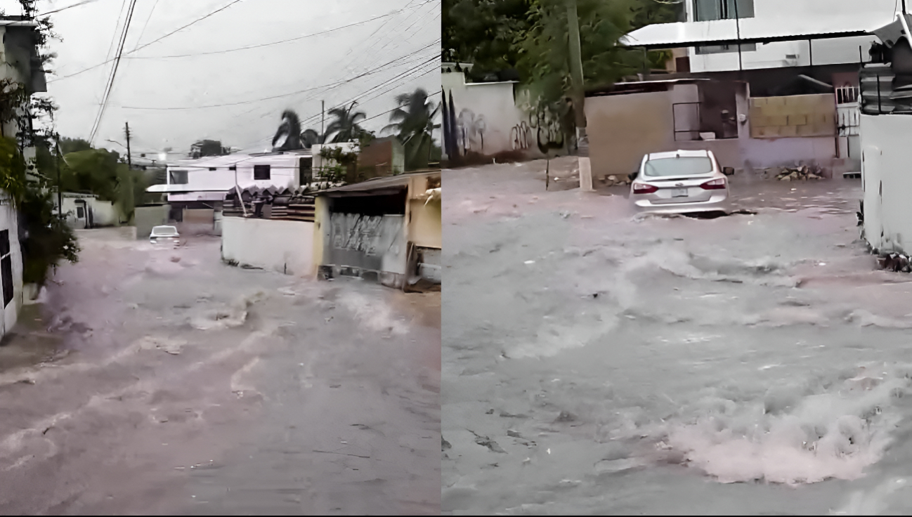 Corriente de agua arrastra un auto en Campeche tras intensa lluvia provocada por la Onda Tropical 10 