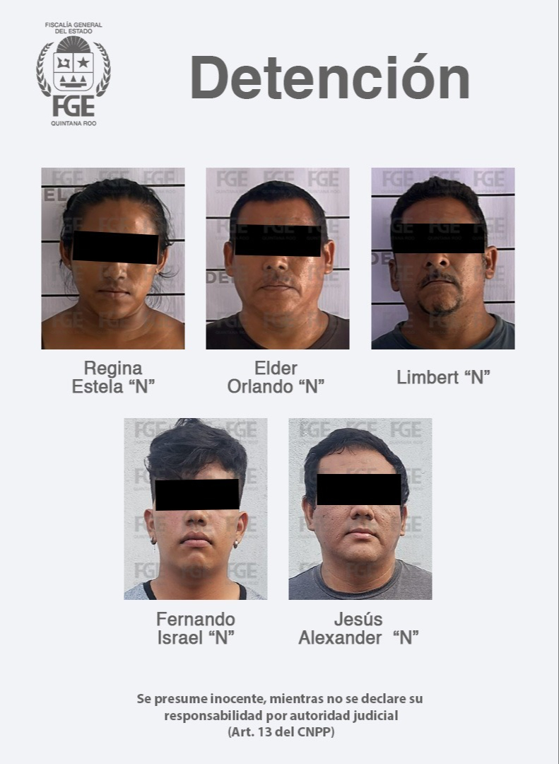 Jesús Alexander “N”, Fernando Israel “N”, Limbert “N”, Elder Orlando “N” y Regina Estela “N” fueron los detenidos. Jesús Alexander “N”, Fernando Israel “N”, Limbert “N”, Elder Orlando “N” y Regina Estela “N” fueron los detenidos.