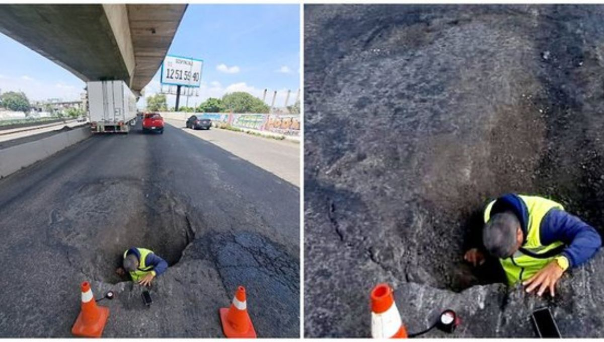 Socavón en la autopista México-Querétaro en dirección Norte a la altura del municipio de Cuautitlán Izcalli