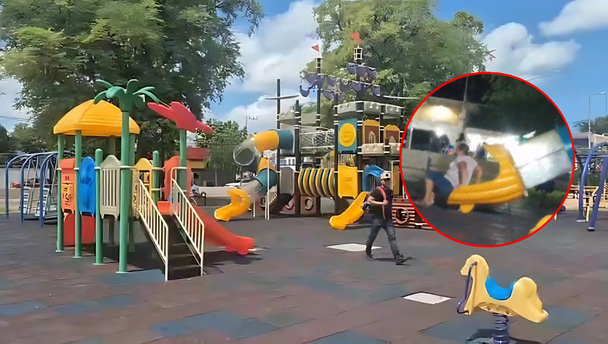 En redes sociales circula un video de dos adultos usando los juegos inclusivos del parque Ulises Sansores.