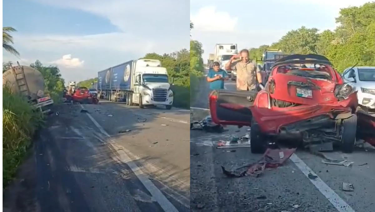 Una pipa chocó contra un Mini Cooper rojo; mujer muere prensada y hombre queda grave Una pipa chocó contra un Mini Cooper rojo; mujer muere prensada y hombre queda grave