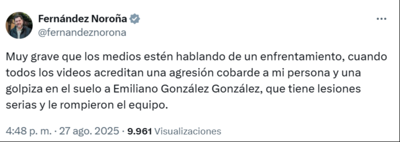 Noroña aseguró en redes sociales que no fue un enfrentamiento, sino una agresión cobarde en su contra. Noroña aseguró en redes sociales que no fue un enfrentamiento, sino una agresión cobarde en su contra.