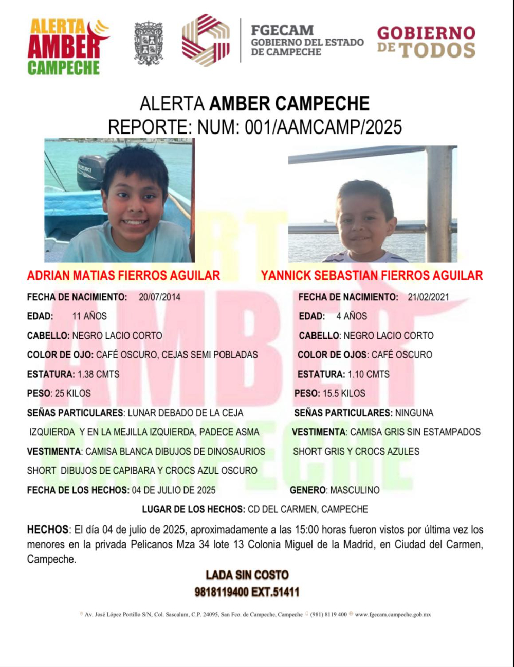Activan Alerta Amber en Campeche por desaparición de dos menores en Ciudad del Carmen
