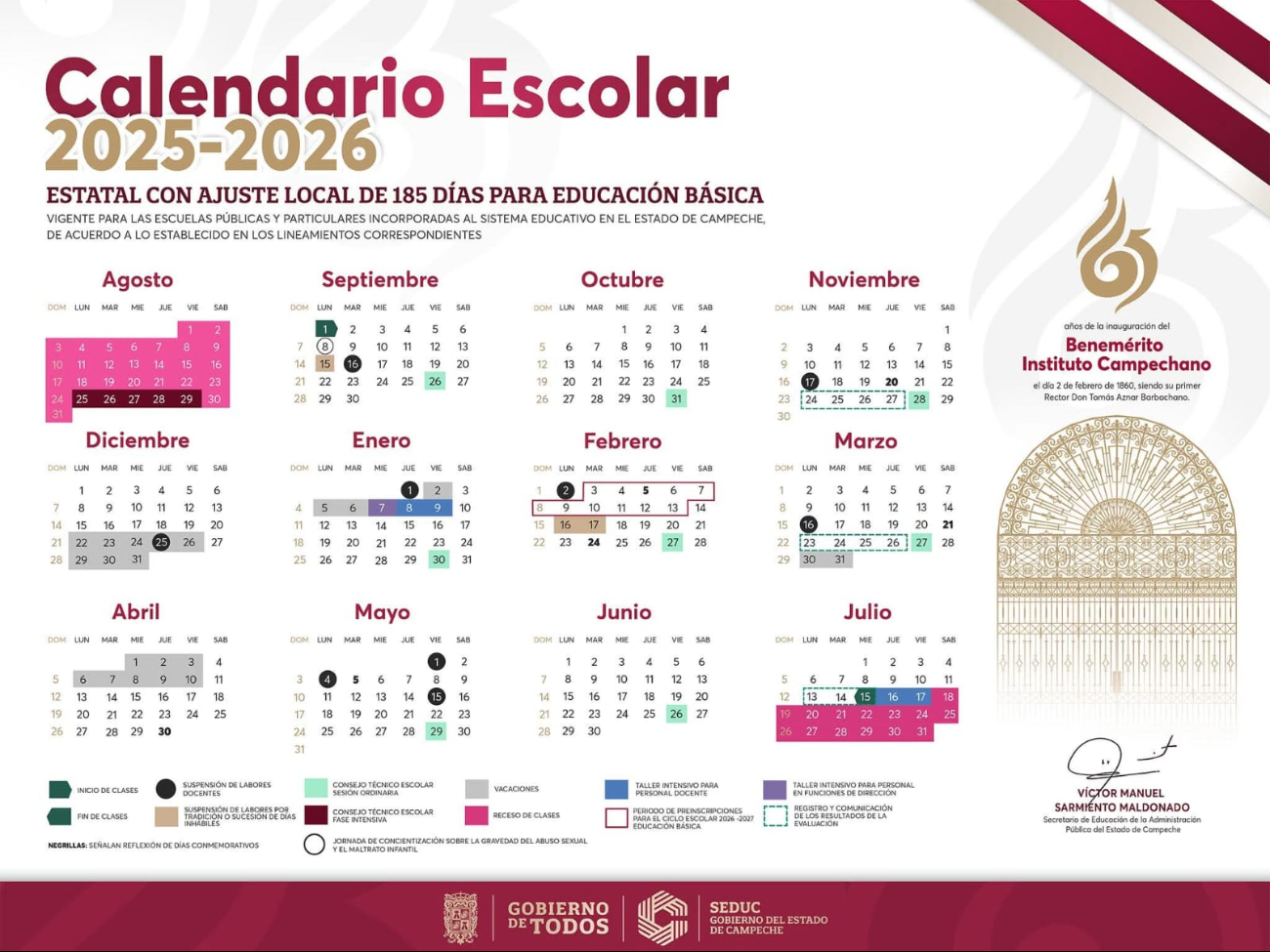 El calendario contempla 185 días efectivos de clases y nueve suspensiones oficiales por festivos y tradiciones.