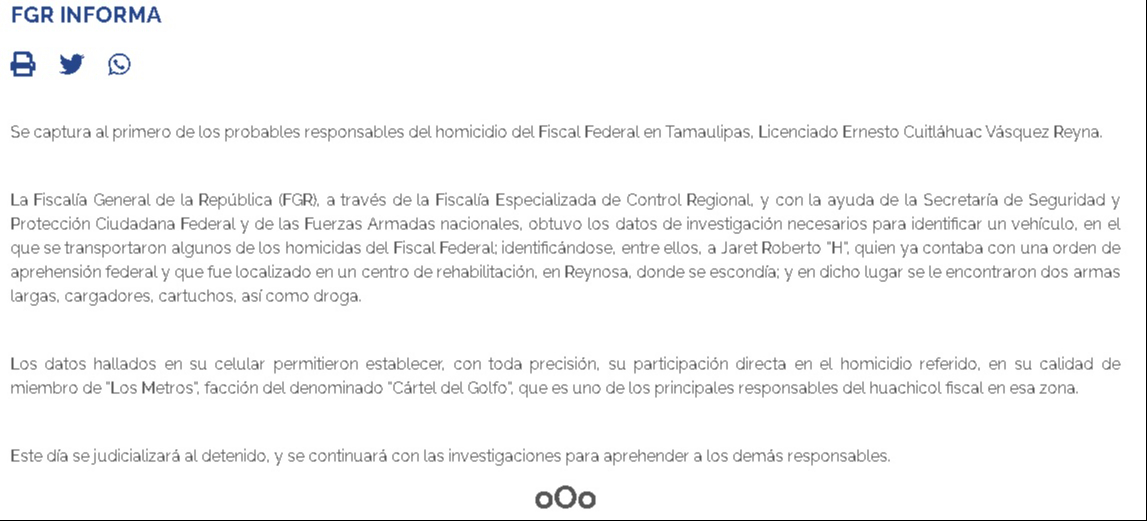 La FGR emitió un comunicado sobre la detención de un presunto implicado en el asesinato del fiscal federal Ernesto Cuitláhuac Vásquez Reyna La FGR emitió un comunicado sobre la detención de un presunto implicado en el asesinato del fiscal federal Ernesto Cuitláhuac Vásquez Reyna
