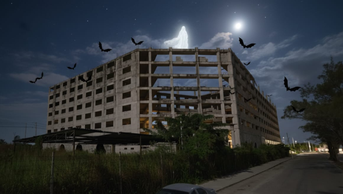 Frente al estadio Nelson Barrera, en Campeche, permanece un hotel inconcluso con más de 40 años de abandono.