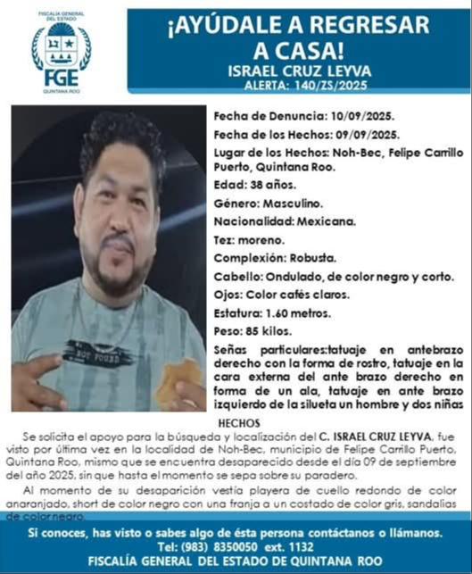 El hombre fue visto por ultima vez en la comunidad de Noh-Bec
