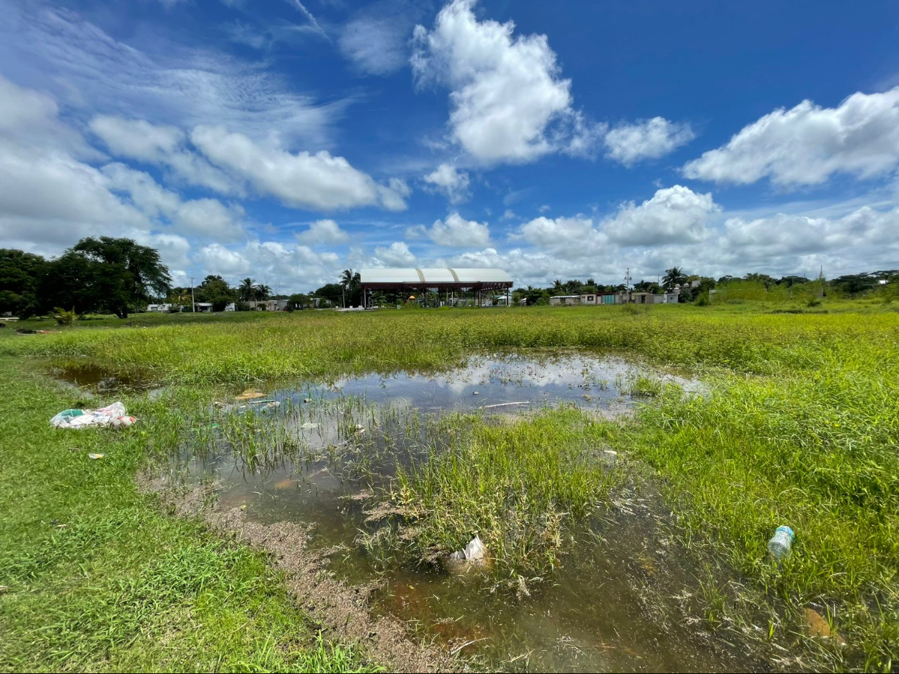 Campo deportivo y predios deshabitados acumulan agua estancada.