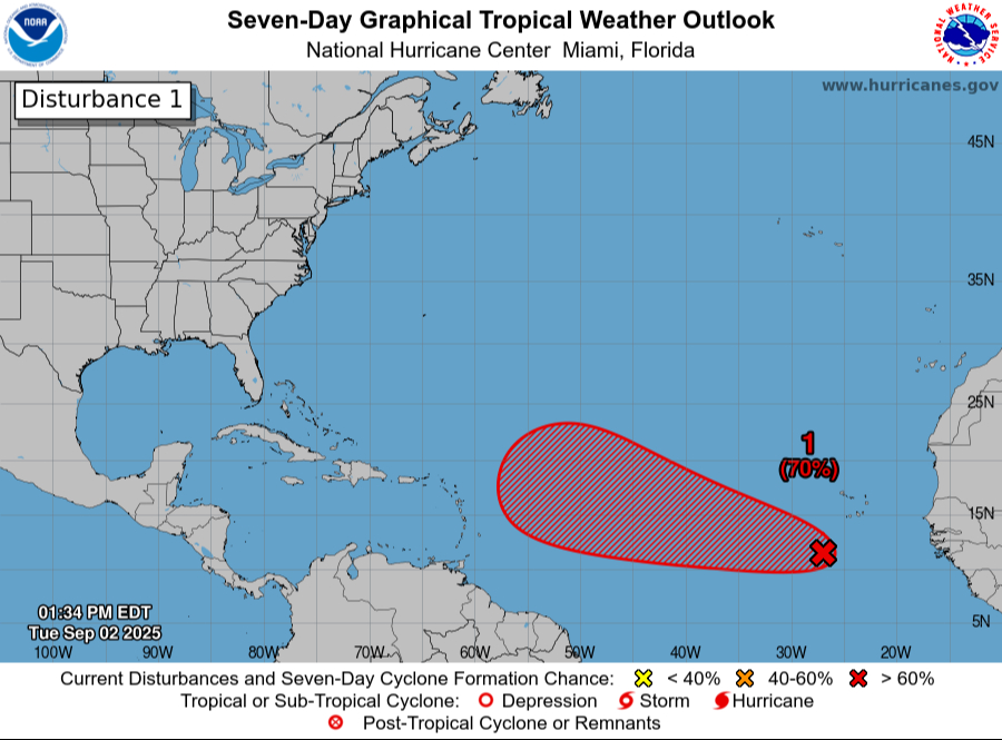 Tiene 70 % de probabilidad de convertirse en ciclón tropical en los próximos siete días. Tiene 70 % de probabilidad de convertirse en ciclón tropical en los próximos siete días.
