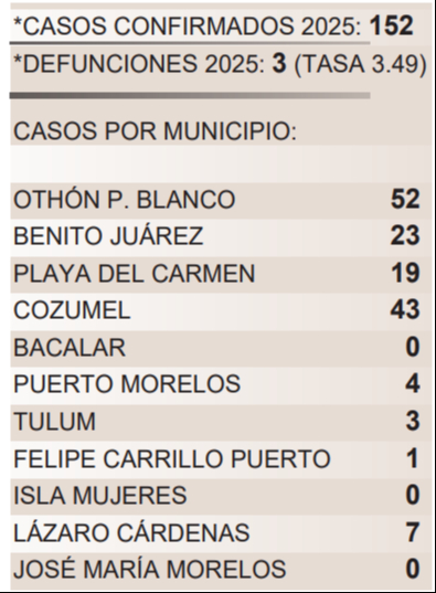 Lázaro Cárdenas y Cozumel están en semáforo rojo por dengue, mientras Othón P. Blanco ya salió de esta alerta. Lázaro Cárdenas y Cozumel están en semáforo rojo por dengue, mientras Othón P. Blanco ya salió de esta alerta.