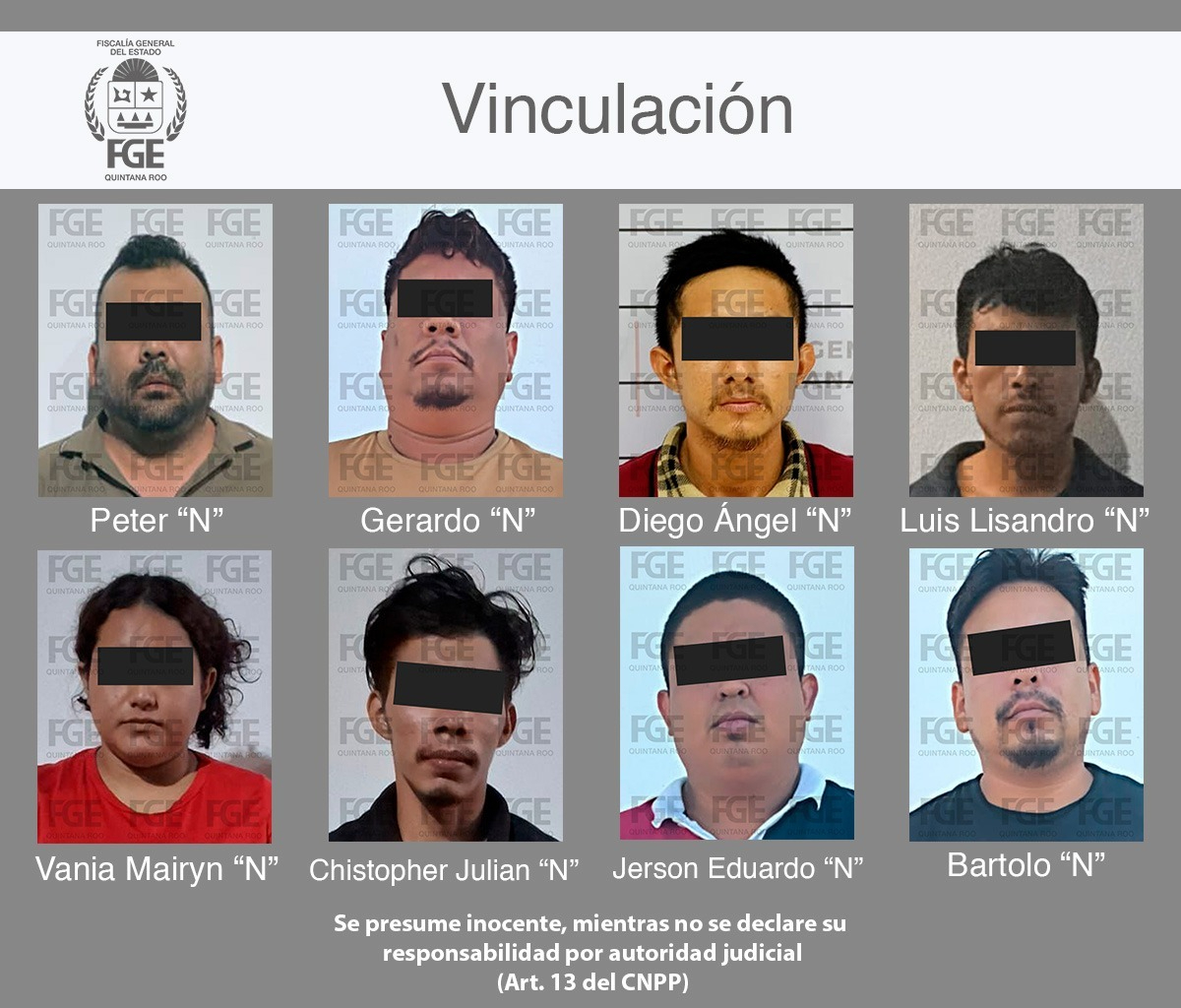 Los detenidos fueron identificados comoDiego Ángel “N”, Gerardo “N”, Bartolo “N”, Jerson Eduardo “N”, Christopher Julián “N”, Vania Maiyrin “N”, Luis Lisandro “N” y Peter “N”