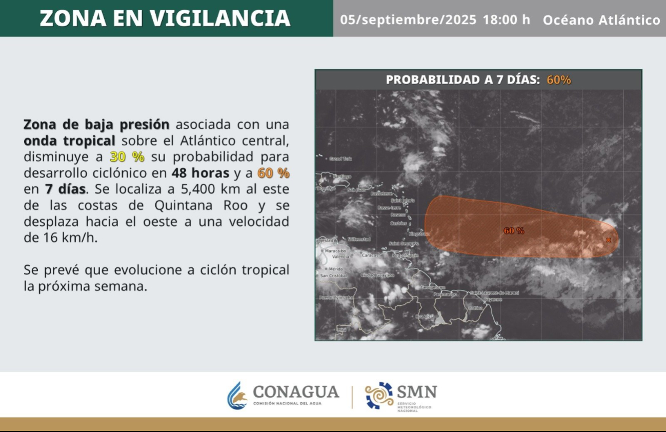 CONAGUA vigila zona de baja presión con 60 % de probabilidad de evolución a ciclón CONAGUA vigila zona de baja presión con 60 % de probabilidad de evolución a ciclón