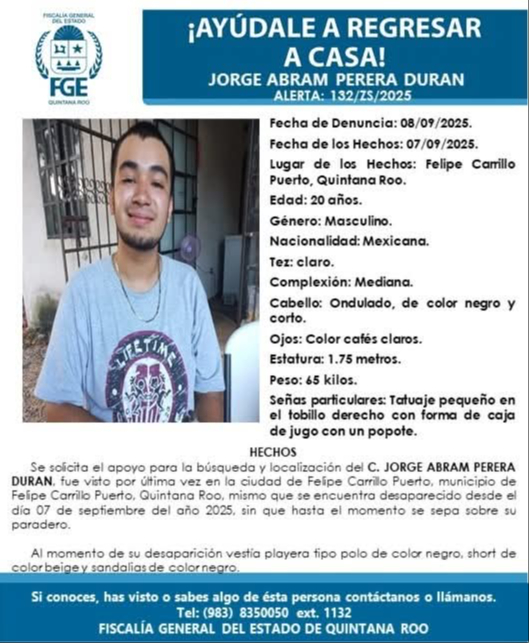 El joven fue identificado como Jorge Abraham Perera Durán, de 20 años de edad El joven fue identificado como Jorge Abraham Perera Durán, de 20 años de edad